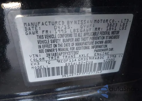 2015 Nissan Sentra Fe+ S/S/Sl/Sr/Sv z USA, uszkodzony, nr VIN 3N1AB7AP7FY277362